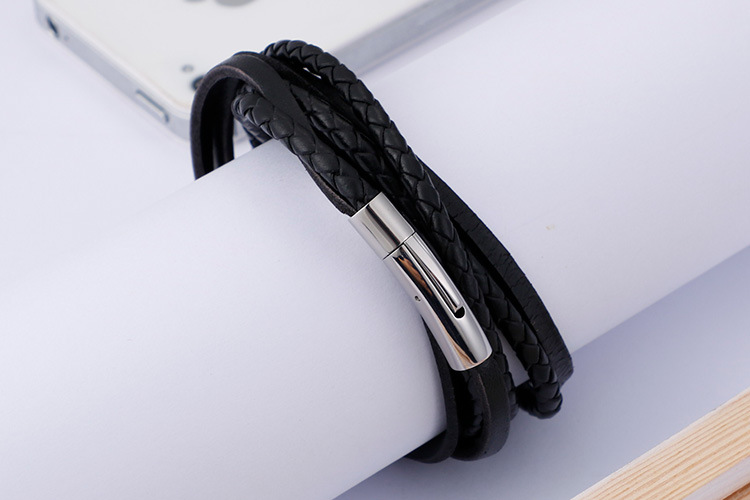 Hip-hop Retro Color Block Stainless Steel Pu Leather Braid Men's Bangle display picture 5