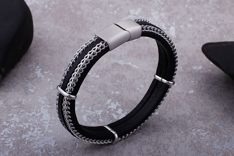 Hip-Hop Retro Color Block Stainless Steel Pu Leather Plating Chain 18K Gold Plated Men's Bangle display picture 2