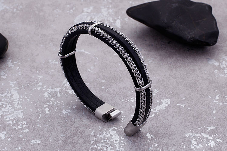 Hip-Hop Retro Color Block Stainless Steel Pu Leather Plating Chain 18K Gold Plated Men's Bangle display picture 6