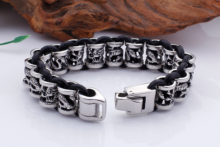 Hip Hop Retro Bloque De Color Cuero Sintético Acero Titanio Hombres Brazalete display picture 4