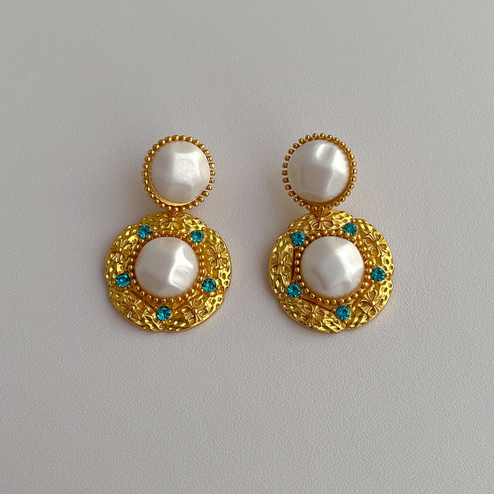 1 Piece Vintage Style Color Block Plating Inlay Copper Artificial Gemstones Artificial Pearls 18k Gold Plated Drop Earrings display picture 8