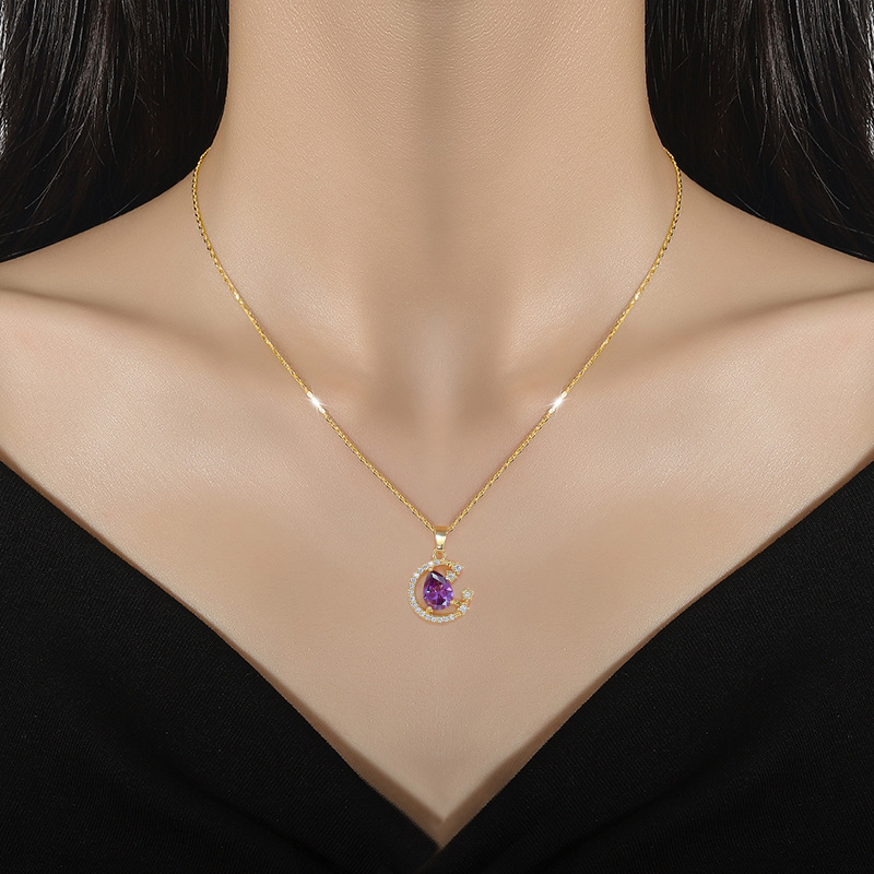 Wholesale Elegant Sweet Moon Titanium Steel Copper Inlay Artificial Gemstones Pendant Necklace display picture 5