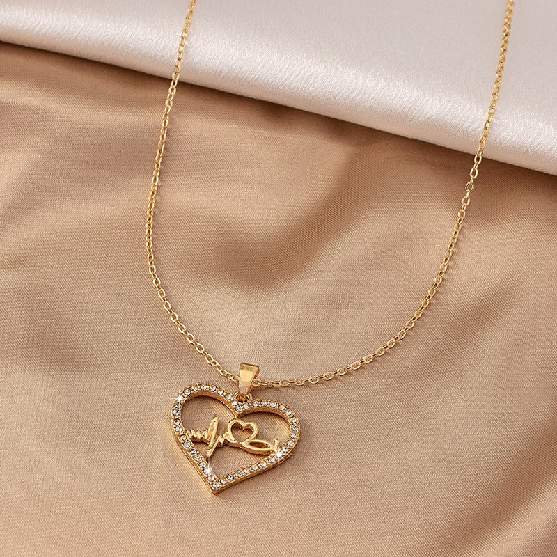 Sweet Korean Style Electrocardiogram Heart Shape Wings Rhinestones Pearl Alloy Wholesale Pendant Necklace display picture 11