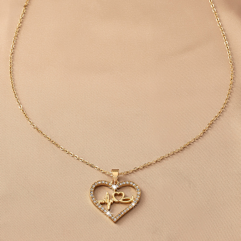Sweet Korean Style Electrocardiogram Heart Shape Wings Rhinestones Pearl Alloy Wholesale Pendant Necklace display picture 15