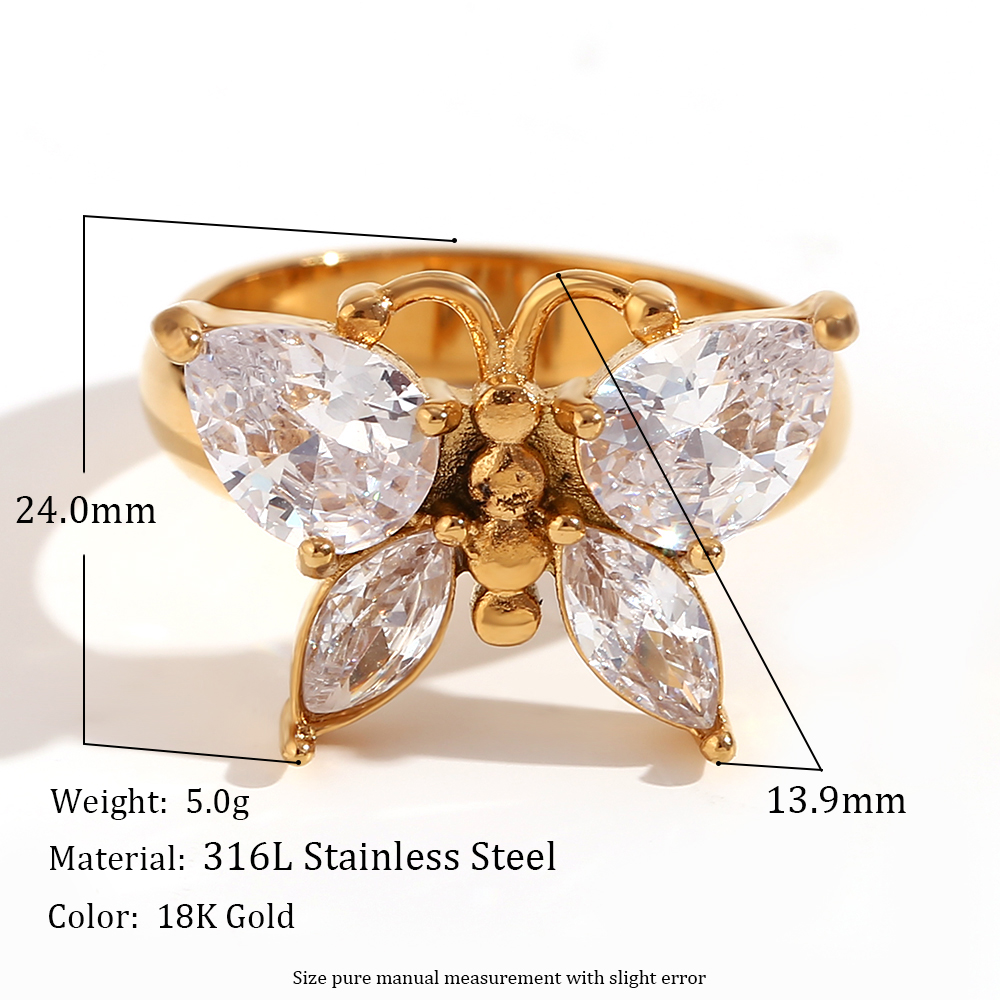Elegant Basic Classic Style Butterfly Stainless Steel Plating Inlay Zircon 18k Gold Plated Rings display picture 2