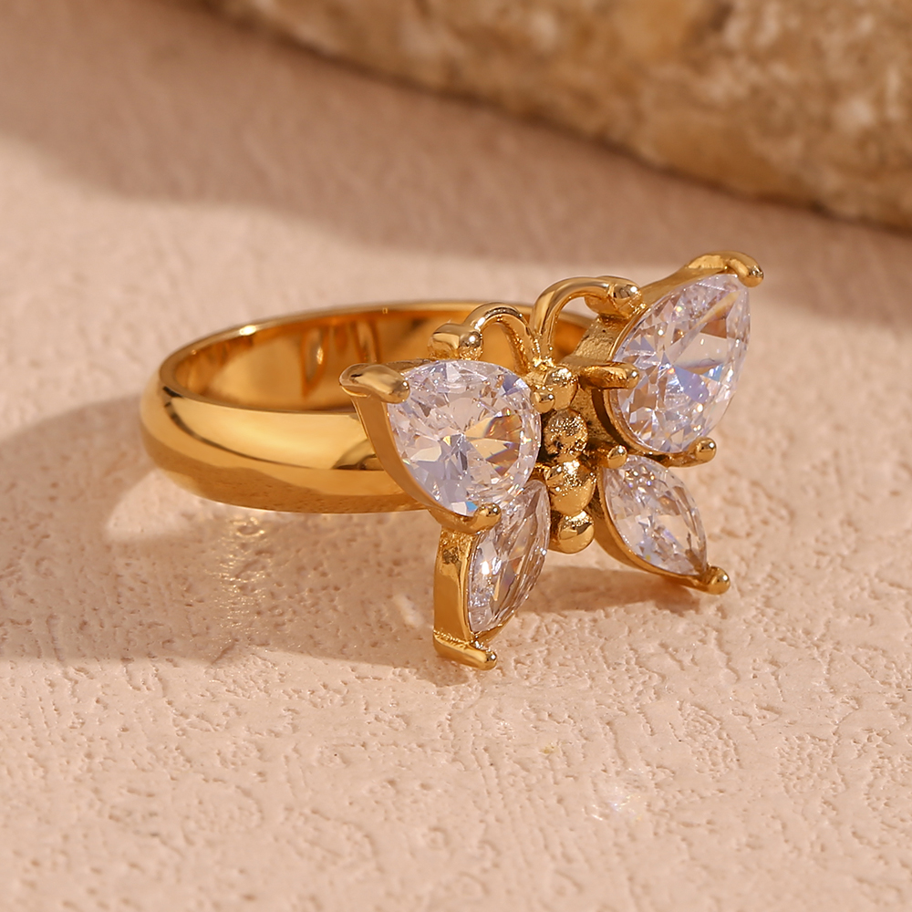 Elegant Basic Classic Style Butterfly Stainless Steel Plating Inlay Zircon 18k Gold Plated Rings display picture 3