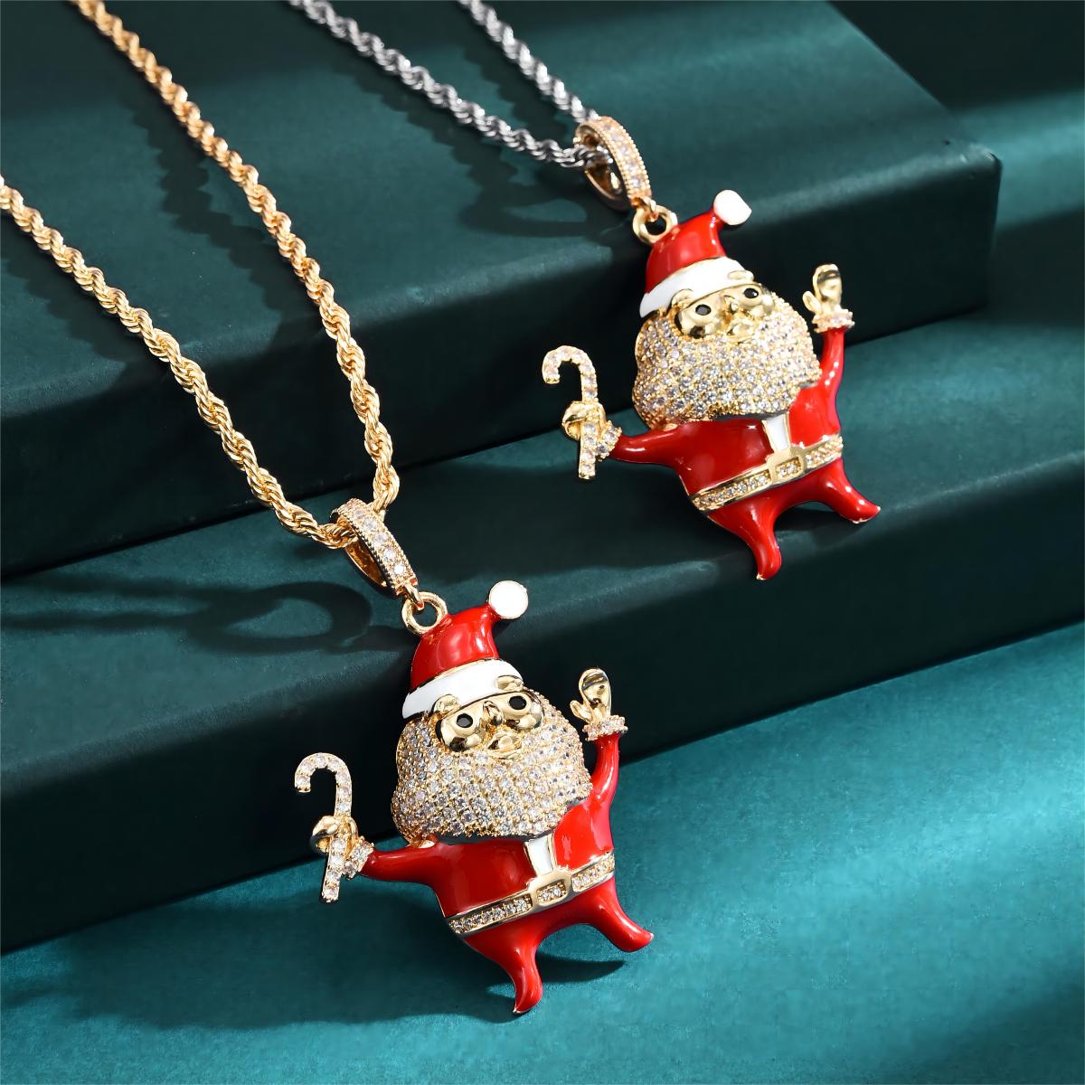 Großhandel Weihnachten Strassenmode Weihnachtsmann Kupfer Emaille Überzug Inlay Perle Zirkon Halskette Mit Anhänger display picture 6
