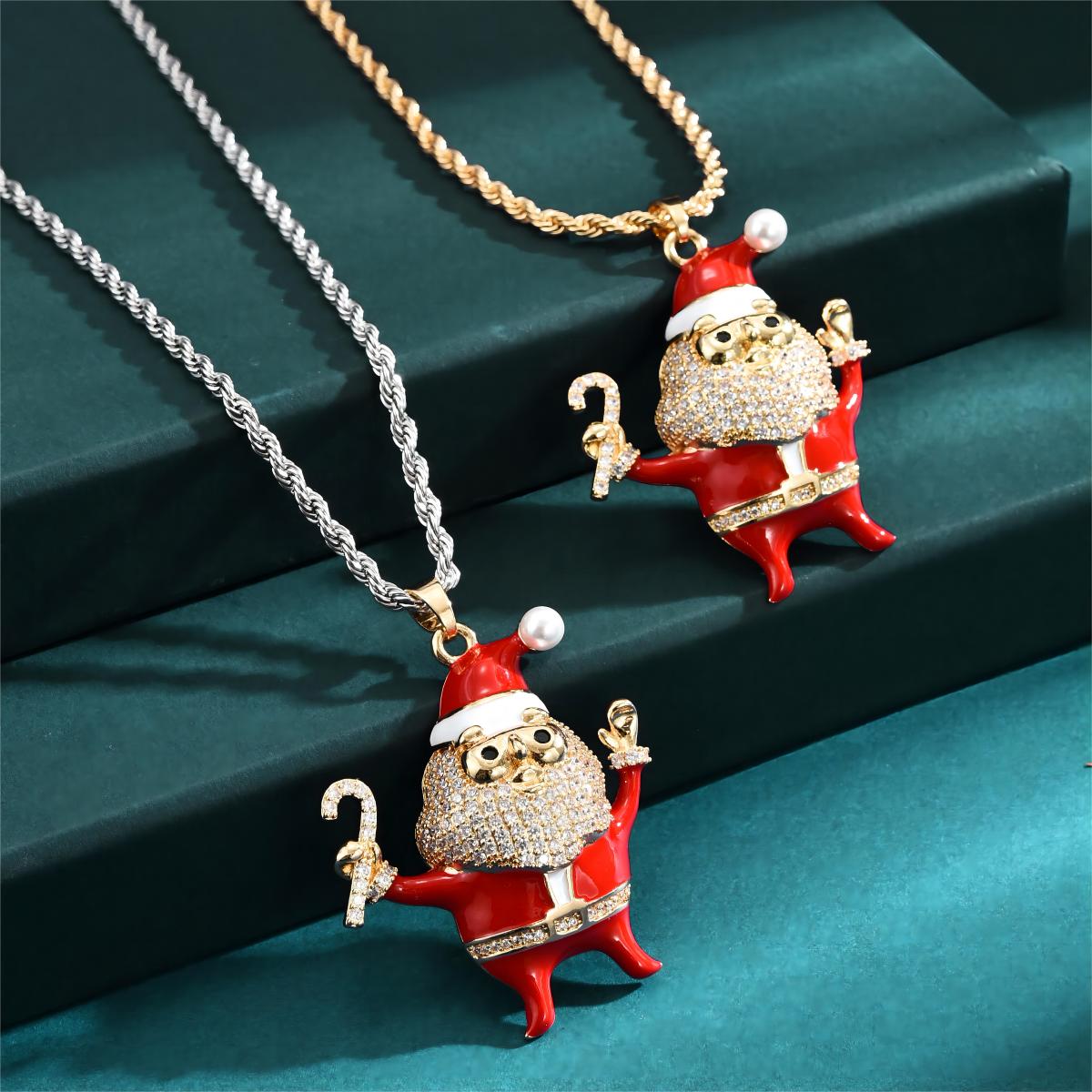 Großhandel Weihnachten Strassenmode Weihnachtsmann Kupfer Emaille Überzug Inlay Perle Zirkon Halskette Mit Anhänger display picture 7