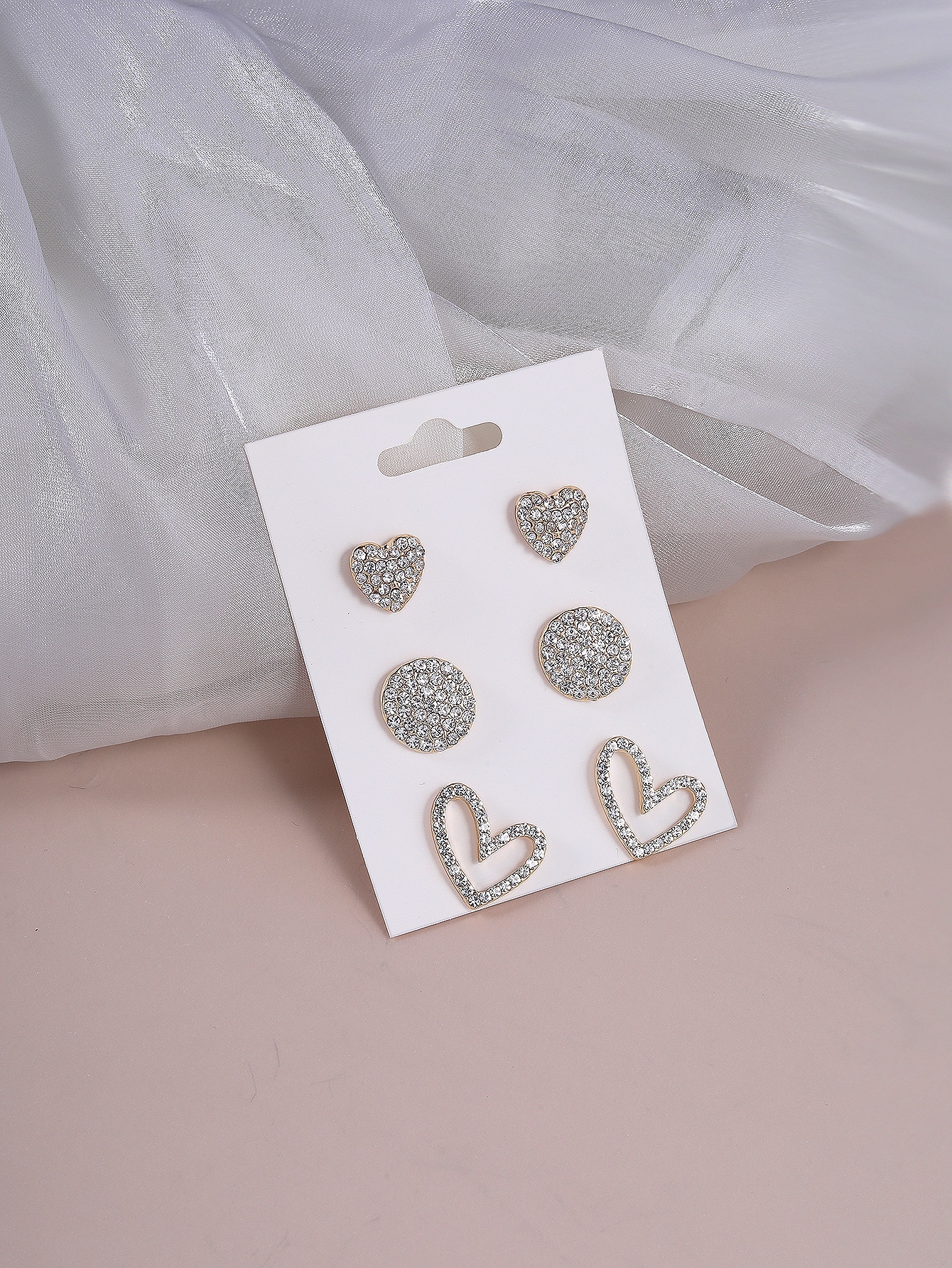 3 Pairs Elegant Heart Shape Inlay Alloy Rhinestones Gold Plated Ear Studs display picture 1