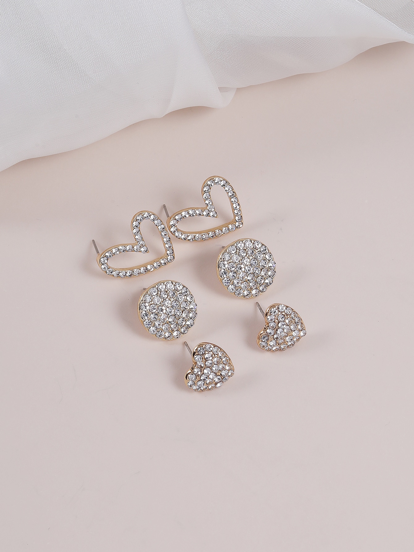 3 Pairs Elegant Heart Shape Inlay Alloy Rhinestones Gold Plated Ear Studs display picture 3