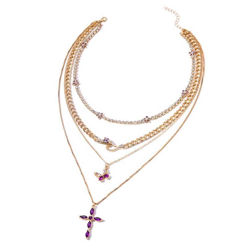 Simple Style Cross Snake Alloy Inlay Rhinestones Women's Layered Necklaces display picture 1