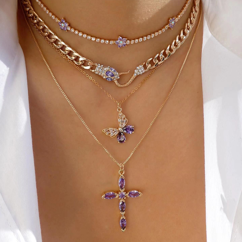 Simple Style Cross Snake Alloy Inlay Rhinestones Women's Layered Necklaces display picture 3