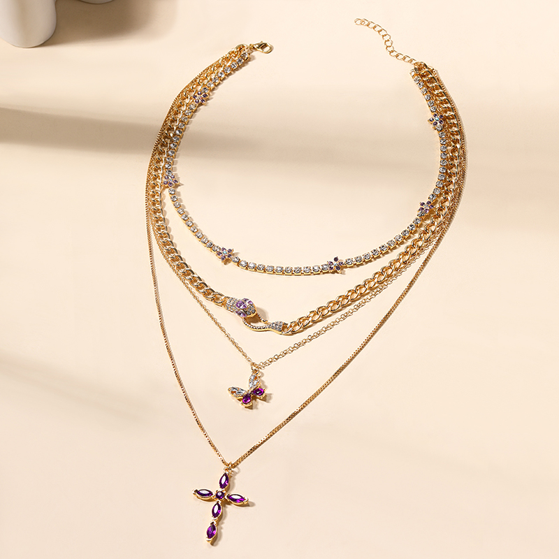 Simple Style Cross Snake Alloy Inlay Rhinestones Women's Layered Necklaces display picture 4