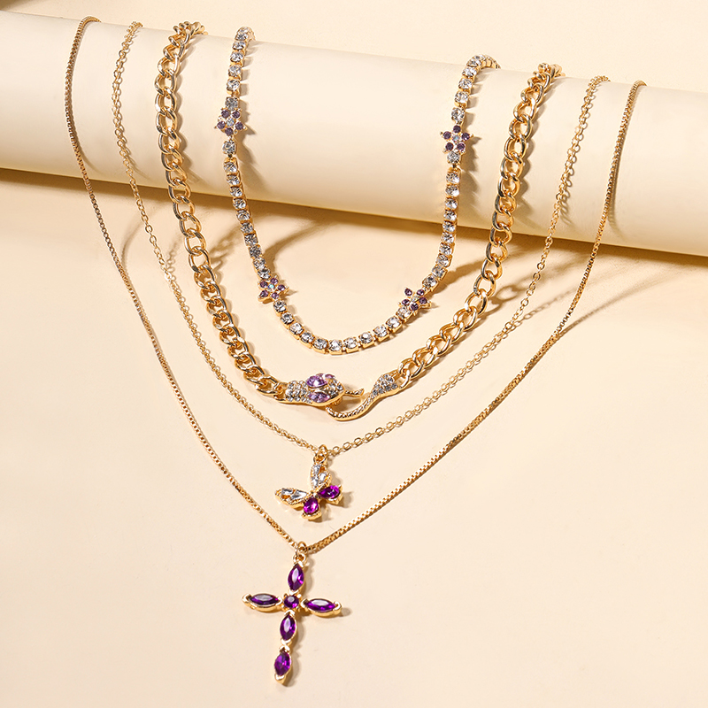 Simple Style Cross Snake Alloy Inlay Rhinestones Women's Layered Necklaces display picture 6
