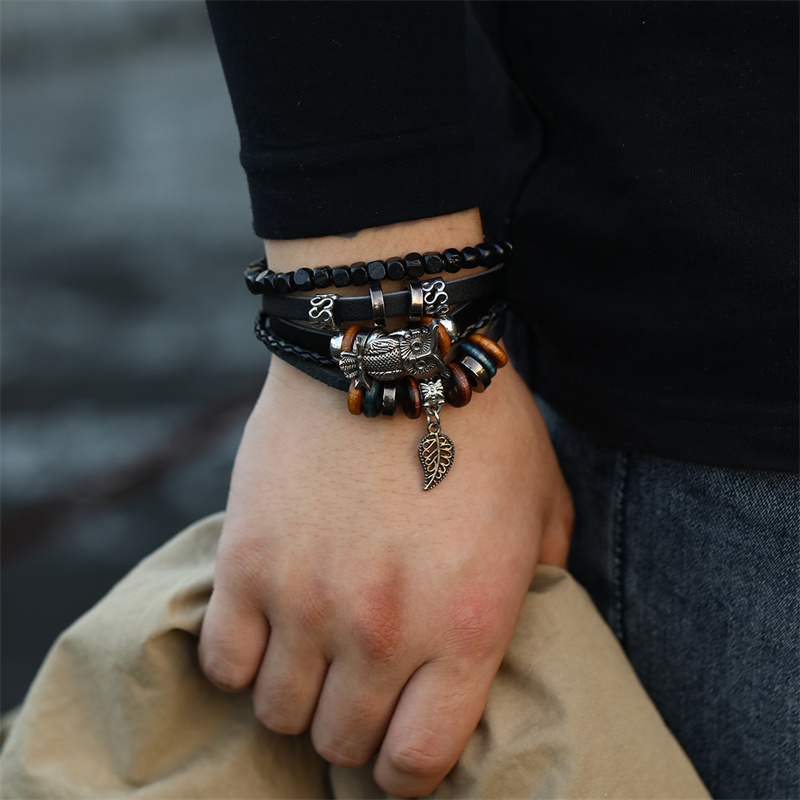 Casual Punk Cool Style Leaf Skull Pu Leather Alloy Men's Bracelets display picture 33