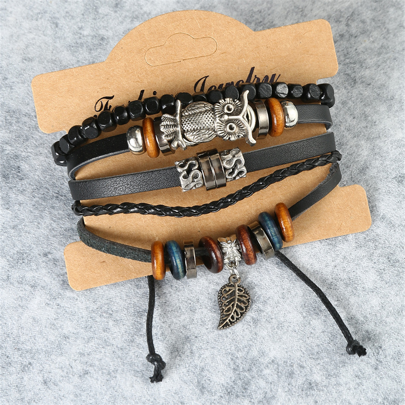 Casual Punk Cool Style Leaf Skull Pu Leather Alloy Men's Bracelets display picture 37