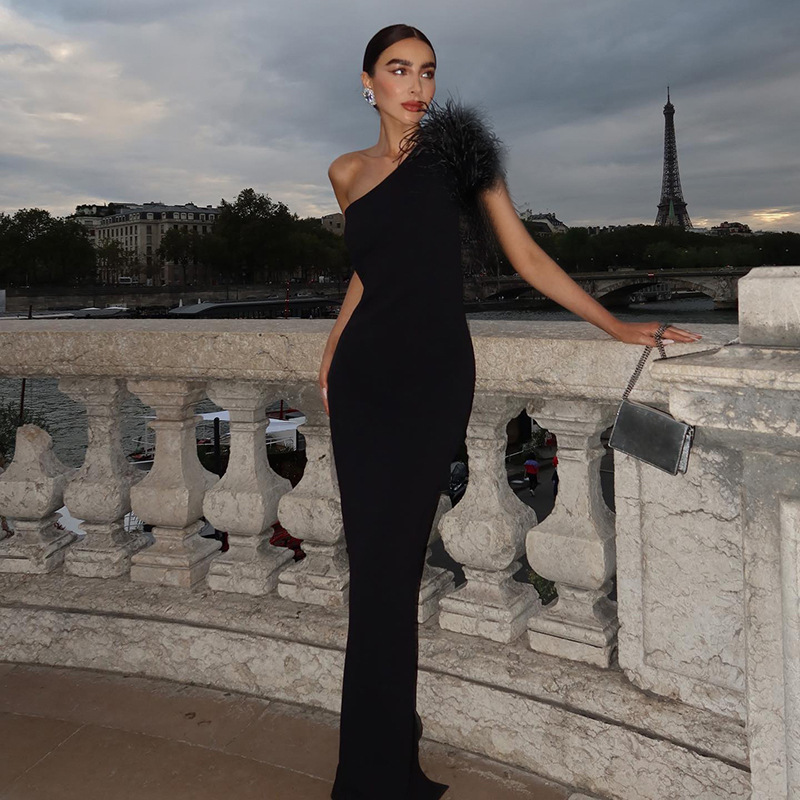 Femmes Robe De Fête Élégant Sexy Collier Incliné La Plume Sans Manches Couleur Unie Maxi Longue Robe Banquet Fête display picture 1