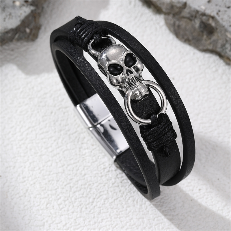 Casual Punk Cool Style Leaf Skull Pu Leather Alloy Men's Bracelets display picture 76
