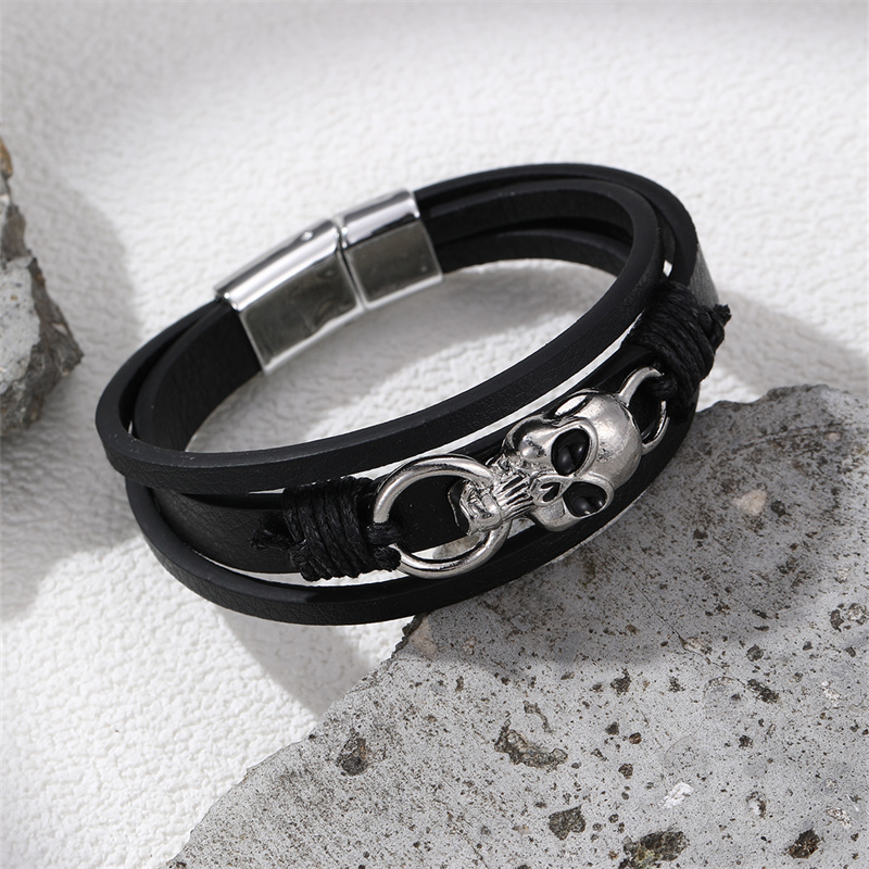 Casual Punk Cool Style Leaf Skull Pu Leather Alloy Men's Bracelets display picture 77