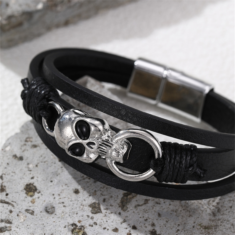 Casual Punk Cool Style Leaf Skull Pu Leather Alloy Men's Bracelets display picture 79