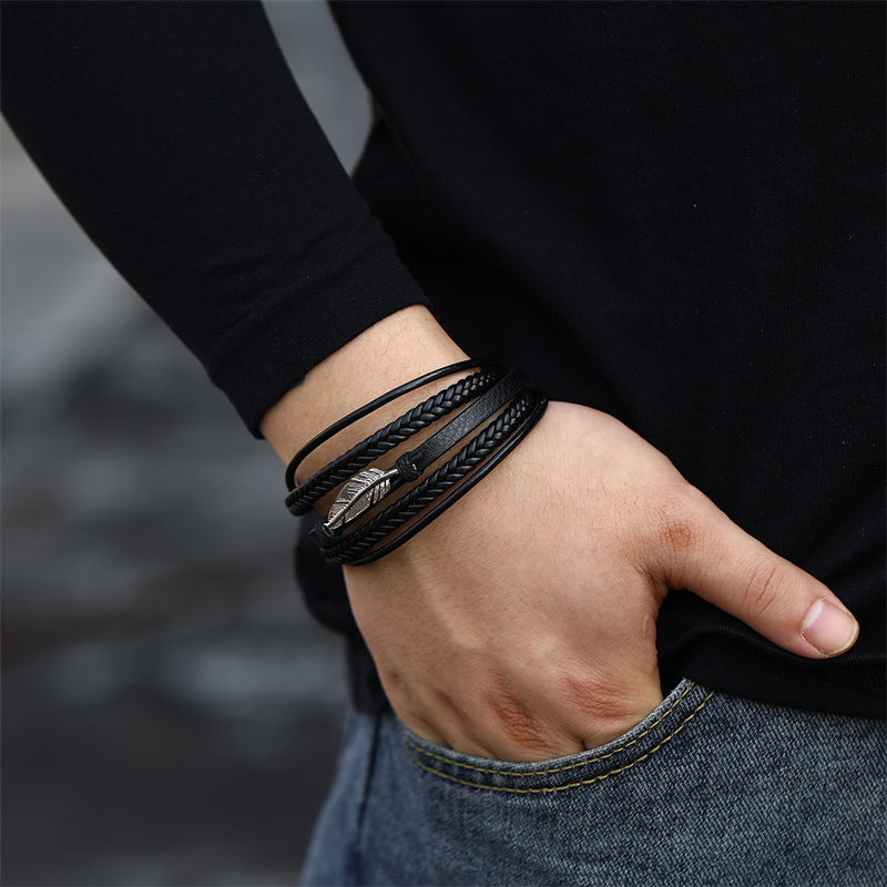 Casual Punk Cool Style Leaf Skull Pu Leather Alloy Men's Bracelets display picture 81