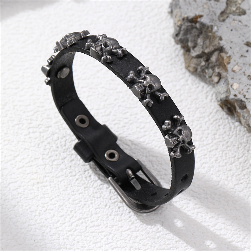 Casual Punk Cool Style Leaf Skull Pu Leather Alloy Men's Bracelets display picture 88
