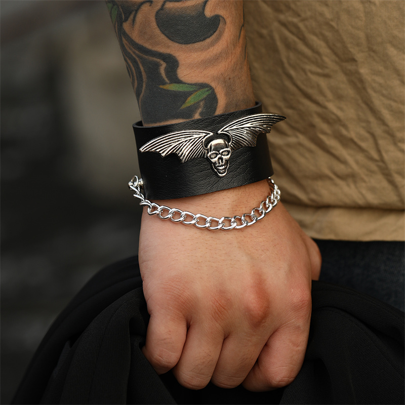 Casual Punk Cool Style Leaf Skull Pu Leather Alloy Men's Bracelets display picture 99