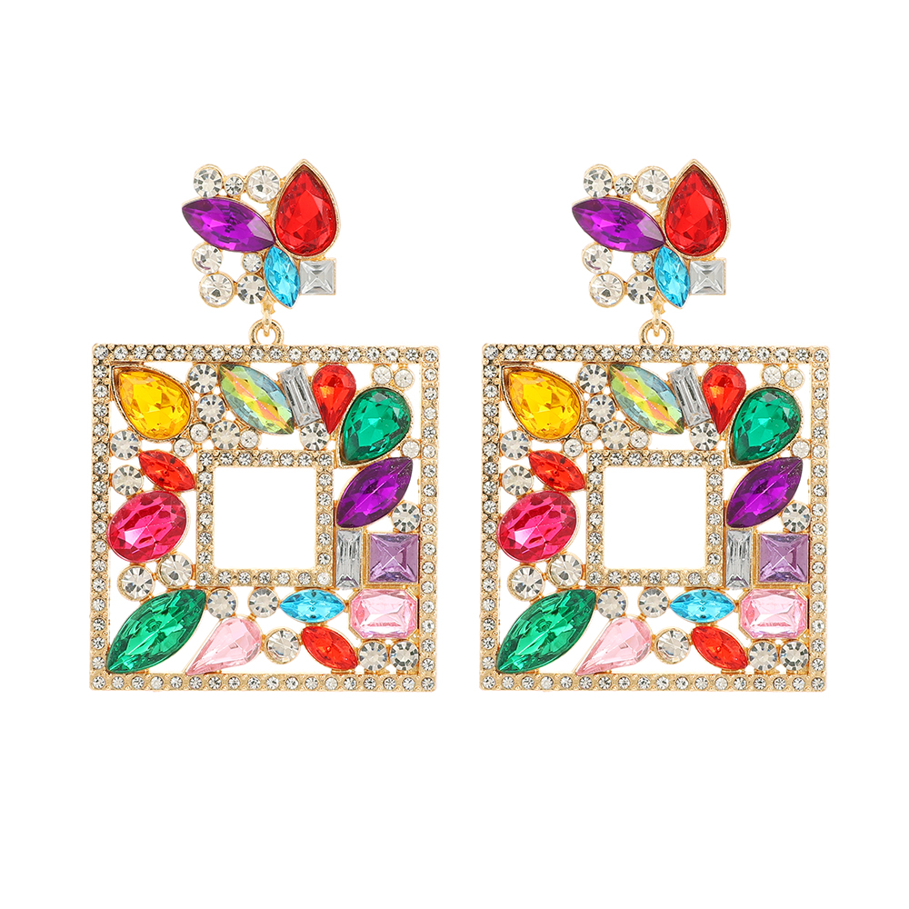 1 Pair Luxurious Shiny Square Plating Hollow Out Inlay Zinc Alloy Glass Dangling Earrings display picture 2