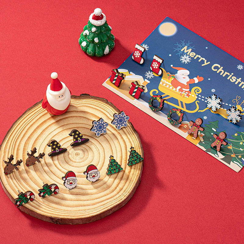 1 Set Ig Style Christmas Retro Christmas Tree Snowman Elk Plating Wood Ear Studs display picture 1