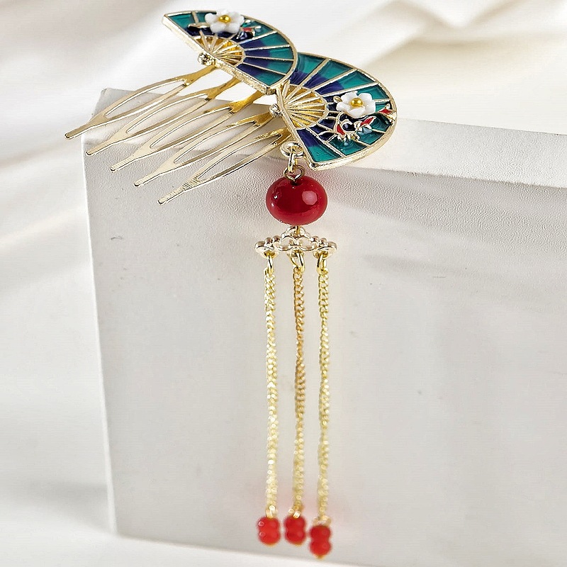 Women's Chinoiserie Simple Style Sector Alloy Beaded Tassel Insert Comb display picture 5