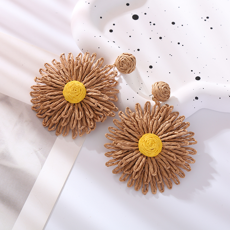 1 Pair Simple Style Round Flower Braid Alloy Raffia Drop Earrings display picture 5