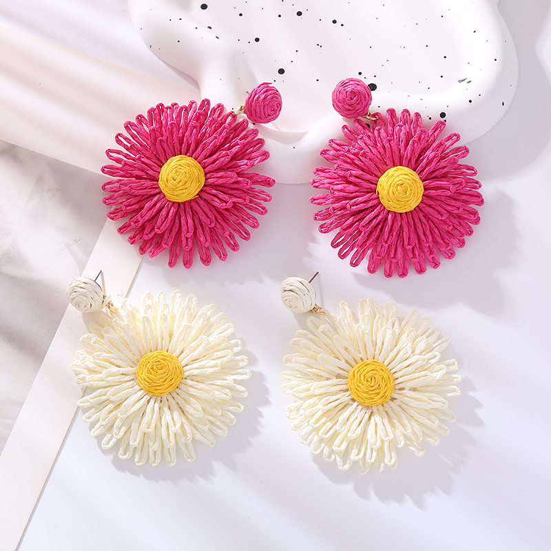 1 Pair Simple Style Round Flower Braid Alloy Raffia Drop Earrings display picture 4