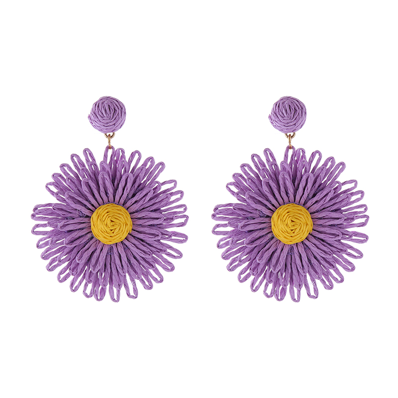1 Pair Simple Style Round Flower Braid Alloy Raffia Drop Earrings display picture 9