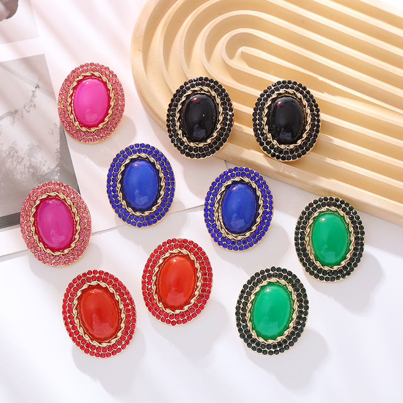 1 Pair Simple Style Oval Plating Inlay Alloy Resin Rhinestones Gold Plated Ear Studs display picture 2