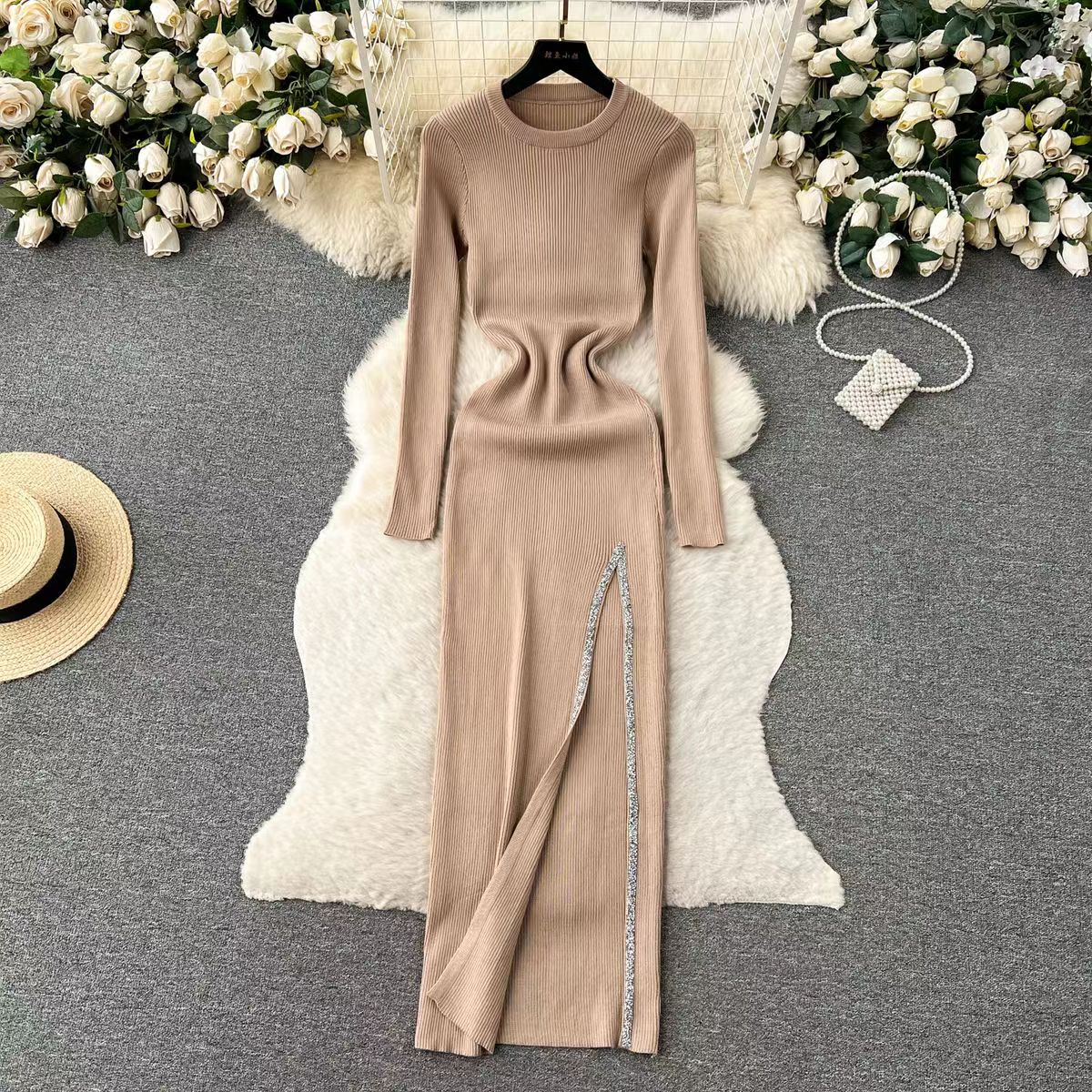 Women's Slit Dress Casual Round Neck Thigh Slit Long Sleeve Solid Color Midi Dress Daily display picture 5