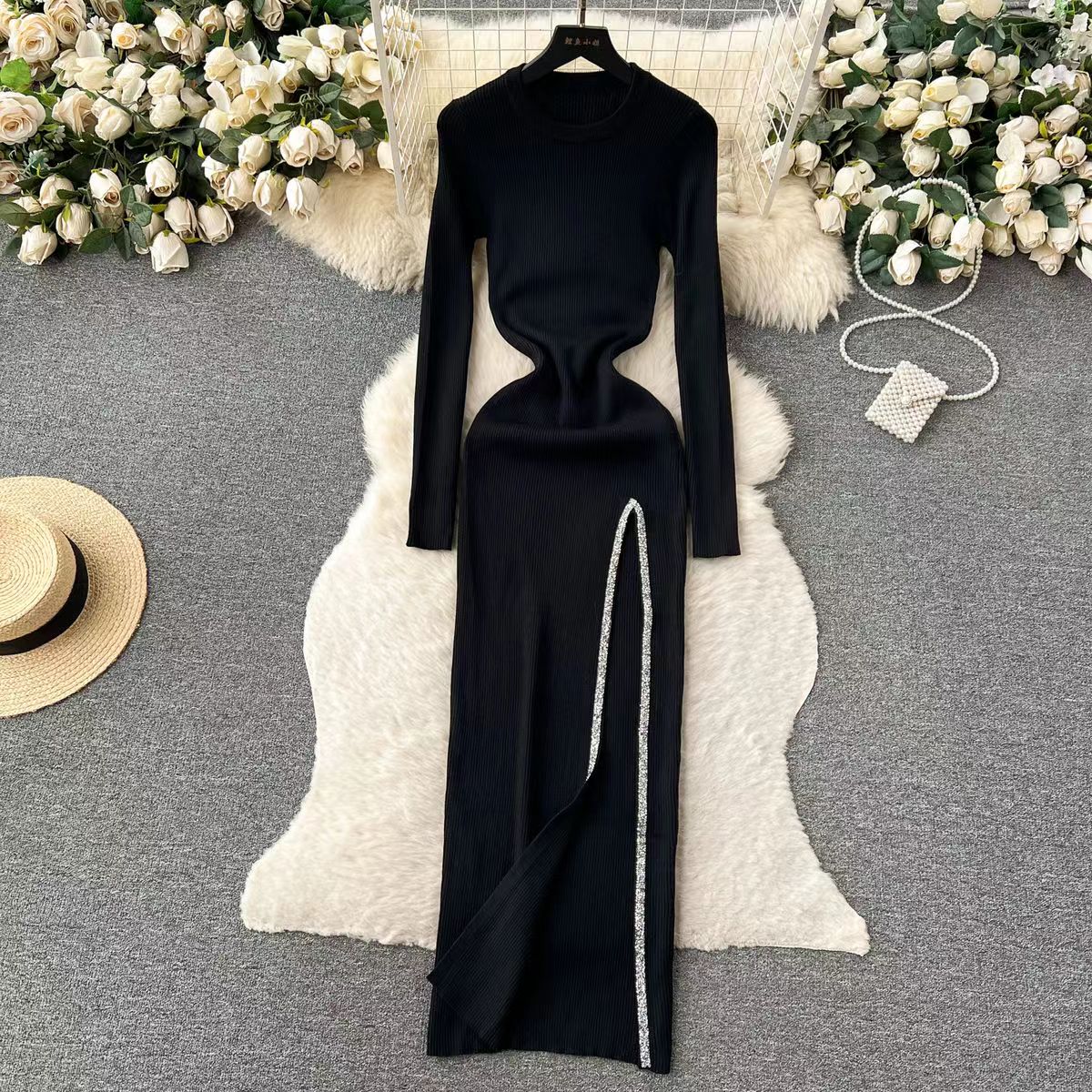 Women's Slit Dress Casual Round Neck Thigh Slit Long Sleeve Solid Color Midi Dress Daily display picture 20