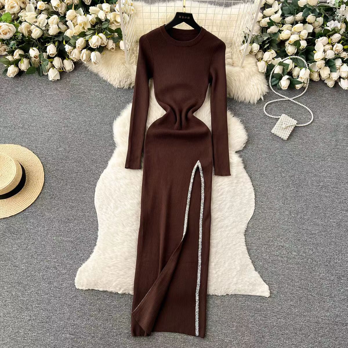 Women's Slit Dress Casual Round Neck Thigh Slit Long Sleeve Solid Color Midi Dress Daily display picture 16