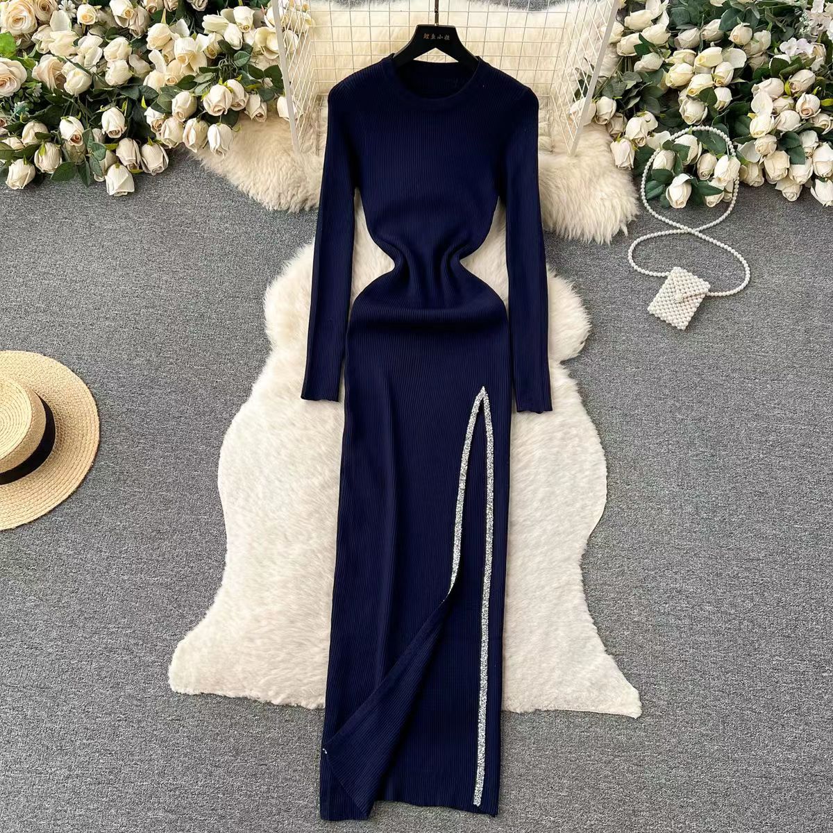 Women's Slit Dress Casual Round Neck Thigh Slit Long Sleeve Solid Color Midi Dress Daily display picture 18