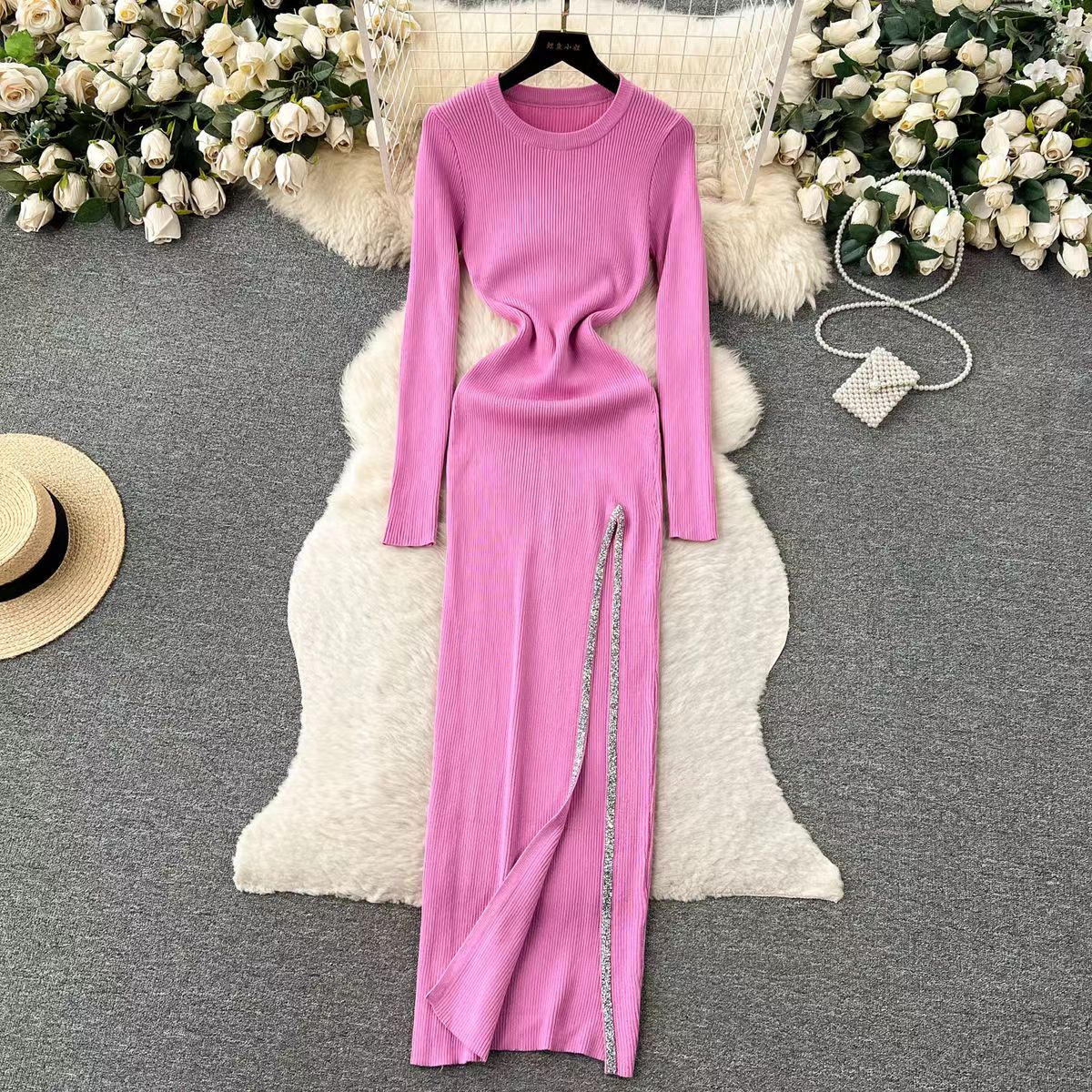 Women's Slit Dress Casual Round Neck Thigh Slit Long Sleeve Solid Color Midi Dress Daily display picture 9