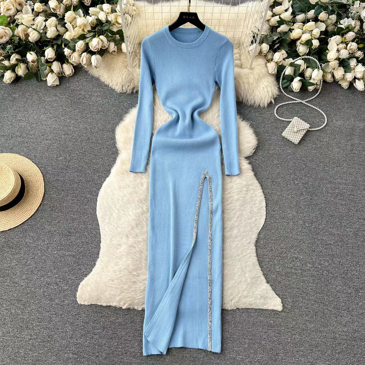Women's Slit Dress Casual Round Neck Thigh Slit Long Sleeve Solid Color Midi Dress Daily display picture 12
