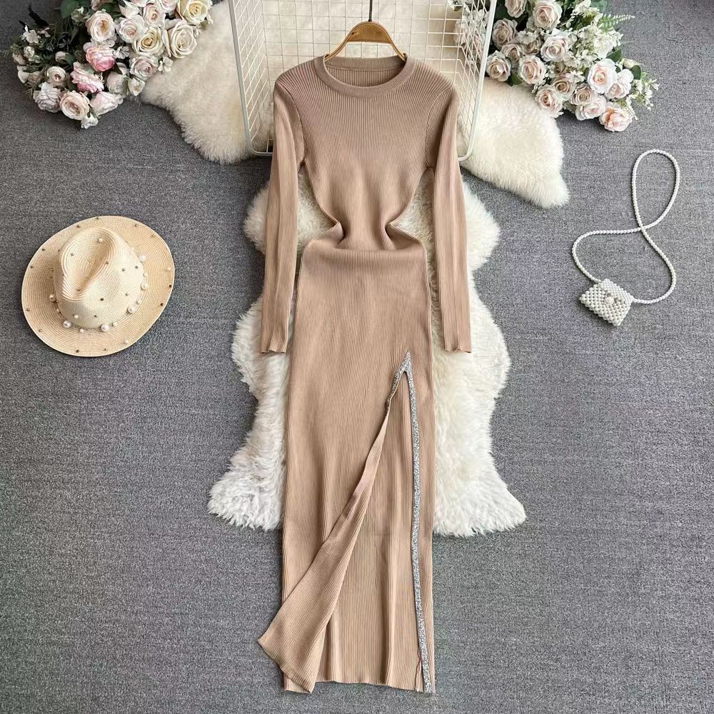 Women's Slit Dress Casual Round Neck Thigh Slit Long Sleeve Solid Color Midi Dress Daily display picture 6