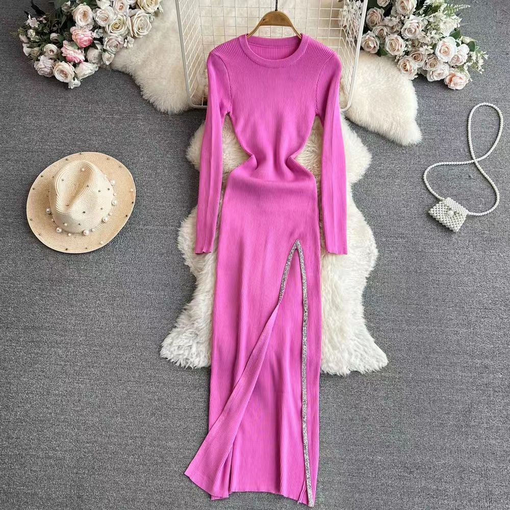 Women's Slit Dress Casual Round Neck Thigh Slit Long Sleeve Solid Color Midi Dress Daily display picture 10
