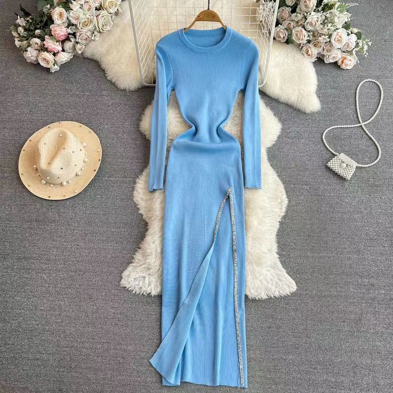 Women's Slit Dress Casual Round Neck Thigh Slit Long Sleeve Solid Color Midi Dress Daily display picture 13