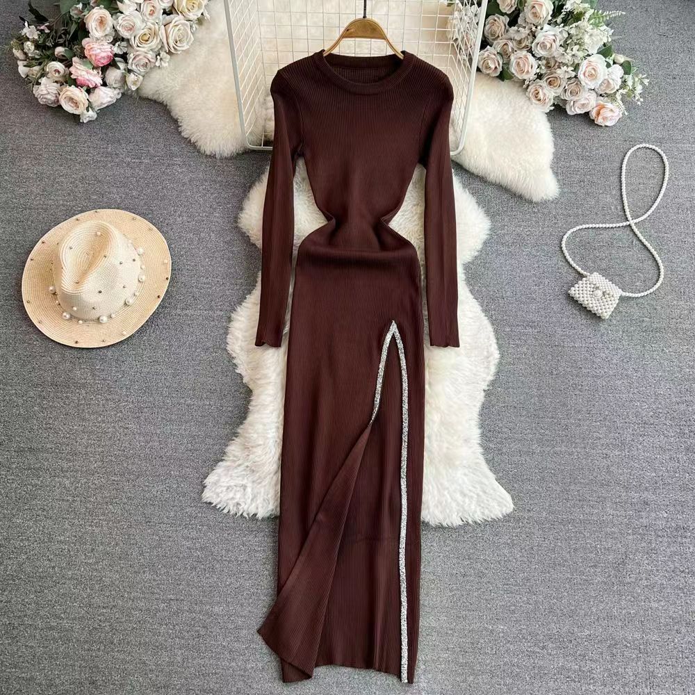 Women's Slit Dress Casual Round Neck Thigh Slit Long Sleeve Solid Color Midi Dress Daily display picture 17