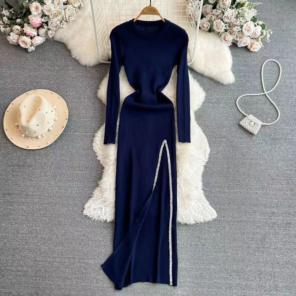 Women's Slit Dress Casual Round Neck Thigh Slit Long Sleeve Solid Color Midi Dress Daily display picture 19