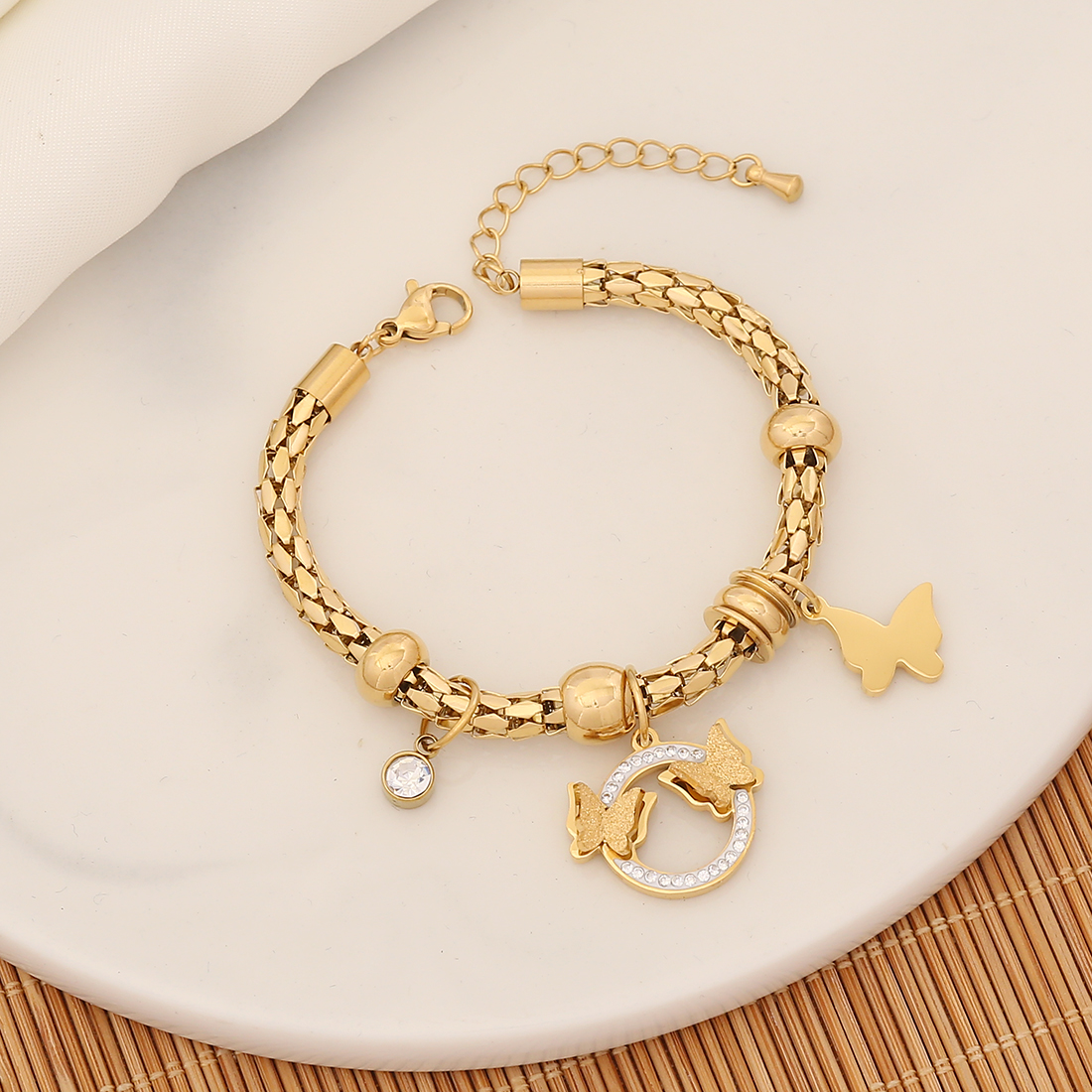 Stainless Steel 18K Gold Plated Retro Commute Enamel Plating Cross Eye Butterfly Bracelets Necklace display picture 17