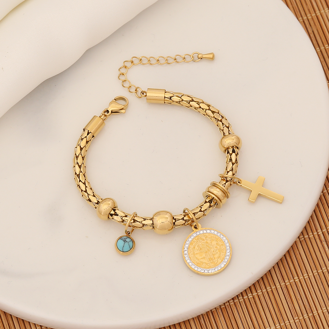 Stainless Steel 18K Gold Plated Retro Commute Enamel Plating Cross Eye Butterfly Bracelets Necklace display picture 16