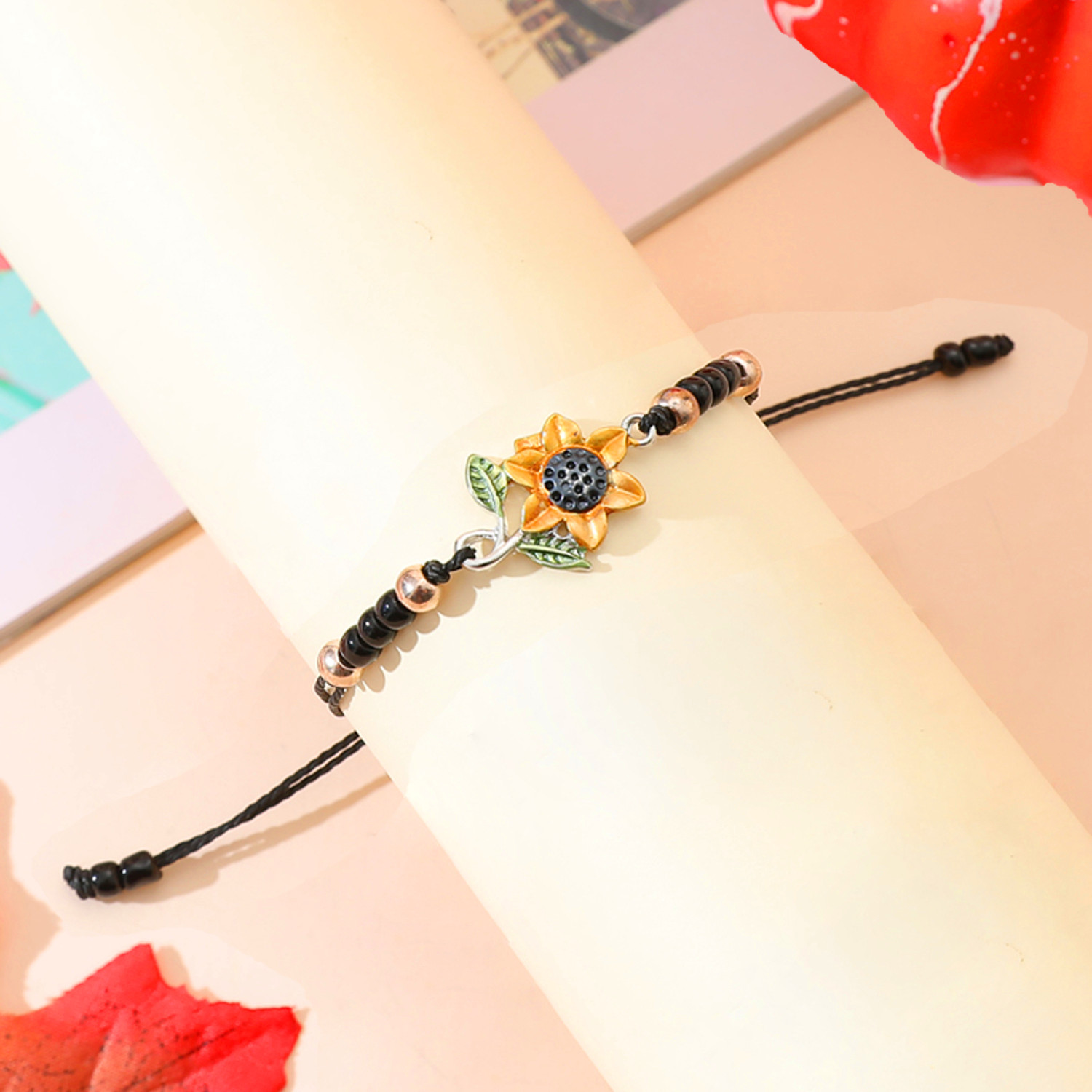 Sweet Sunflower Plant Bee Ccb Pu Leather Alloy Enamel Plating Inlay Rhinestones Gold Plated Rhodium Plated Unisex Drawstring Bracelets display picture 1