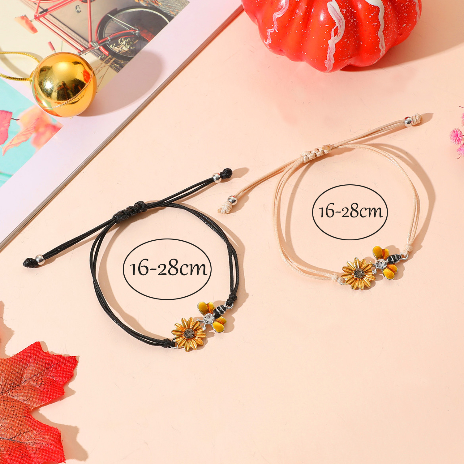 Sweet Sunflower Plant Bee Ccb Pu Leather Alloy Enamel Plating Inlay Rhinestones Gold Plated Rhodium Plated Unisex Drawstring Bracelets display picture 3
