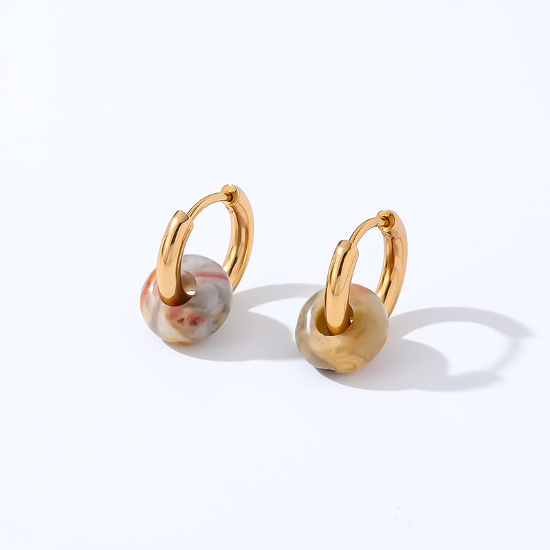 1 Pair Retro Simple Style Round Plating 304 Stainless Steel Natural Stone K Gold Plated Hoop Earrings display picture 9